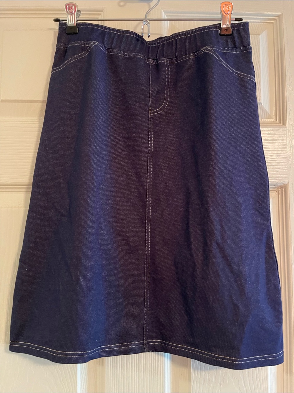 Girls Navy Stretchy Knit Denim A-Line Skirt with Contrast Stitching